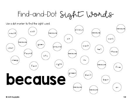 Free second grade worksheet, sight word dot marker printable coloring page, beginner sight word for 2nd graders and high frequency word 'because', second 100 fry sight words, Dolch, PDF