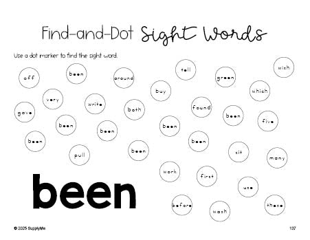 Free second grade worksheet, sight word dot marker printable coloring page, beginner sight word for 2nd graders and high frequency word 'been', first 100 fry sight words, Dolch, PDF