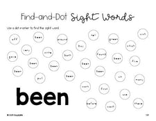 Free second grade worksheet, sight word dot marker printable coloring page, beginner sight word for 2nd graders and high frequency word 'been', first 100 fry sight words, Dolch, PDF