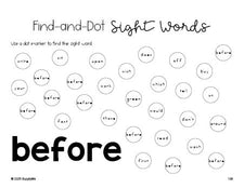 Free second grade worksheet, sight word dot marker printable coloring page, beginner sight word for 2nd graders and high frequency word 'before', second 100 fry sight words, Dolch, PDF