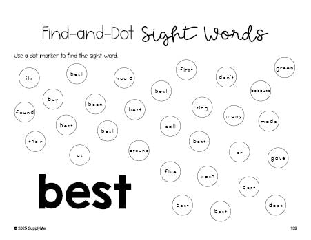 Free second grade worksheet, sight word dot marker printable coloring page, beginner sight word for 2nd graders and high frequency word 'best', fourth 100 fry sight words, Dolch, PDF