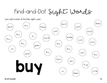 Free second grade worksheet, sight word dot marker printable coloring page, beginner sight word for 2nd graders and high frequency word 'buy', seventh 100 fry sight words, Dolch, PDF