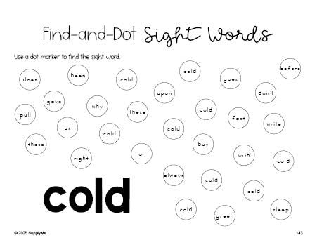 Free second grade worksheet, sight word dot marker printable coloring page, beginner sight word for 2nd graders and high frequency word 'cold', fourth 100 fry sight words, Dolch, PDF