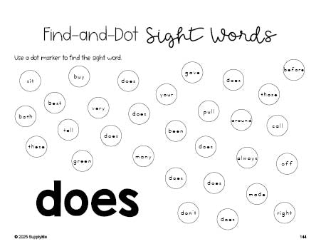 Free second grade worksheet, sight word dot marker printable coloring page, beginner sight word for 2nd graders and high frequency word 'does', second 100 fry sight words, Dolch, PDF