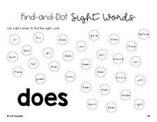 Free second grade worksheet, sight word dot marker printable coloring page, beginner sight word for 2nd graders and high frequency word 'does', second 100 fry sight words, Dolch, PDF