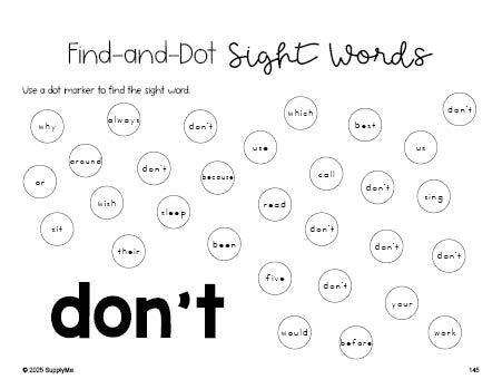 Free second grade worksheet, sight word dot marker printable coloring page, beginner sight word for 2nd graders and high frequency word 'don’t', third 100 fry sight words, Dolch, PDF