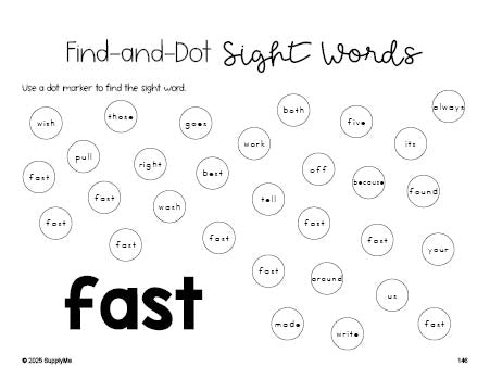 Free second grade worksheet, sight word dot marker printable coloring page, beginner sight word for 2nd graders and high frequency word 'fast', fourth 100 fry sight words, Dolch, PDF