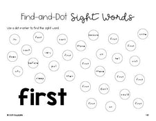 Free second grade worksheet, sight word dot marker printable coloring page, beginner sight word for 2nd graders and high frequency word 'first', first 100 fry sight words, Dolch, PDF