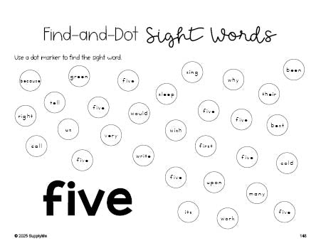 Free second grade worksheet, sight word dot marker printable coloring page, beginner sight word for 2nd graders and high frequency word 'five', fourth 100 fry sight words, Dolch, PDF