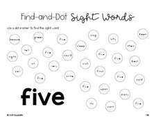 Free second grade worksheet, sight word dot marker printable coloring page, beginner sight word for 2nd graders and high frequency word 'five', fourth 100 fry sight words, Dolch, PDF