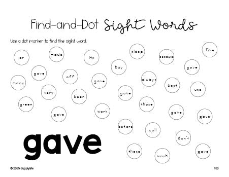 Free second grade worksheet, sight word dot marker printable coloring page, beginner sight word for 2nd graders and high frequency word 'gave', fifth 100 fry sight words, Dolch, PDF