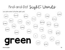 Free second grade worksheet, sight word dot marker printable coloring page, beginner sight word for 2nd graders and high frequency word 'green', fifth 100 fry sight words, Dolch, PDF