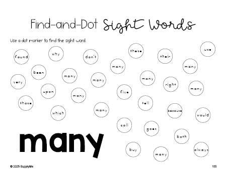 Free second grade worksheet, sight word dot marker printable coloring page, beginner sight word for 2nd graders and high frequency word 'many', first 100 fry sight words, Dolch, PDF