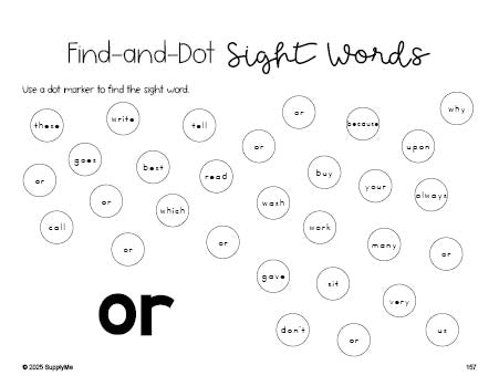 Free second grade worksheet, sight word dot marker printable coloring page, beginner sight word for 2nd graders and high frequency word 'or', first 100 fry sight words, Dolch, PDF