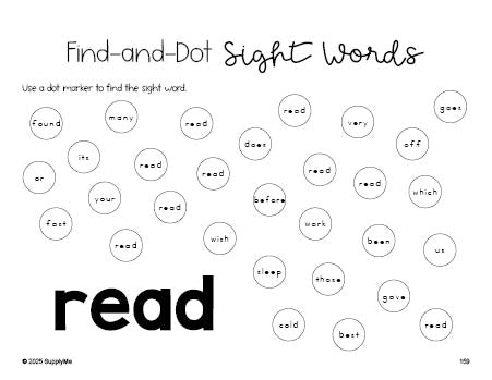 Free second grade worksheet, sight word dot marker printable coloring page, beginner sight word for 2nd graders and high frequency word 'read', second 100 fry sight words, Dolch, PDF