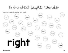 Free second grade worksheet, sight word dot marker printable coloring page, beginner sight word for 2nd graders and high frequency word 'right', second 100 fry sight words, Dolch, PDF