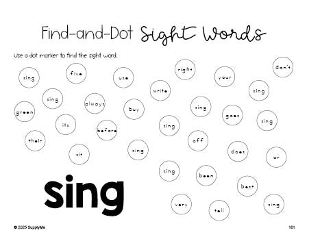 Free second grade worksheet, sight word dot marker printable coloring page, beginner sight word for 2nd graders and high frequency word 'sing', fourth 100 fry sight words, Dolch, PDF