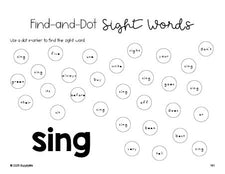 Free second grade worksheet, sight word dot marker printable coloring page, beginner sight word for 2nd graders and high frequency word 'sing', fourth 100 fry sight words, Dolch, PDF