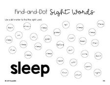 Free second grade worksheet, sight word dot marker printable coloring page, beginner sight word for 2nd graders and high frequency word 'sleep', seventh 100 fry sight words, Dolch, PDF