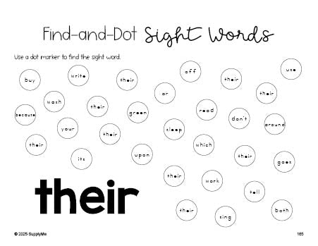 Free second grade worksheet, sight word dot marker printable coloring page, beginner sight word for 2nd graders and high frequency word 'their', first 100 fry sight words, Dolch, PDF