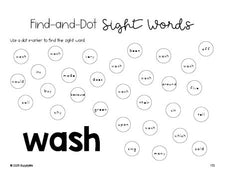 Free second grade worksheet, sight word dot marker printable coloring page, beginner sight word for 2nd graders and high frequency word 'wash', ninth 100 fry sight words, Dolch, PDF