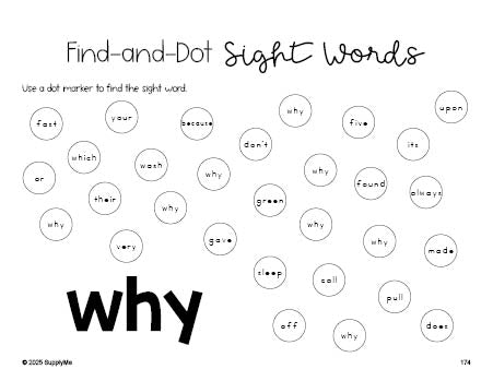 Free second grade worksheet, sight word dot marker printable coloring page, beginner sight word for 2nd graders and high frequency word 'why', second 100 fry sight words, Dolch, PDF