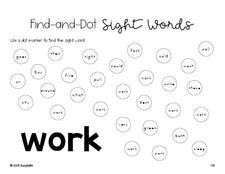 Free second grade worksheet, sight word dot marker printable coloring page, beginner sight word for 2nd graders and high frequency word 'work', second 100 fry sight words, Dolch, PDF