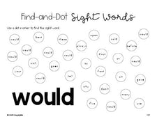 Free second grade worksheet, sight word dot marker printable coloring page, beginner sight word for 2nd graders and high frequency word 'would', first 100 fry sight words, Dolch, PDF