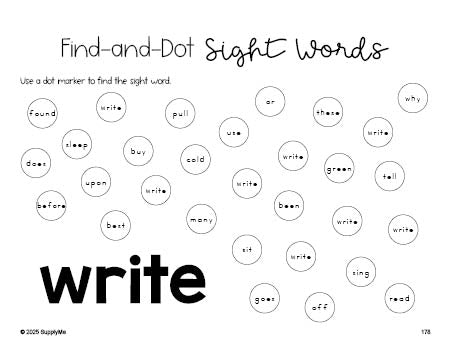 Free second grade worksheet, sight word dot marker printable coloring page, beginner sight word for 2nd graders and high frequency word 'write', first 100 fry sight words, Dolch, PDF