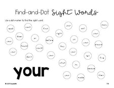 Free second grade worksheet, sight word dot marker printable coloring page, beginner sight word for 2nd graders and high frequency word 'your', first 100 fry sight words, Dolch, PDF