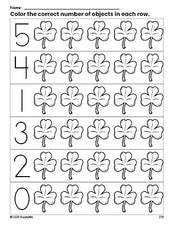 Free printable shamrock St. Patrick's Day count and color worksheet for preschoolers, St. Patrick's Day coloring page and counting worksheet numbers 0-5, PDF