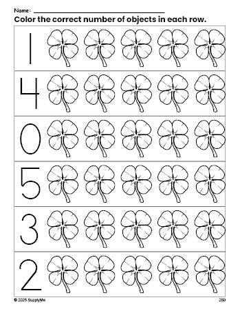 Free printable shamrock St. Patrick's Day count and color worksheet for preschoolers, St. Patrick's Day coloring page and counting worksheet numbers 0-5, PDF