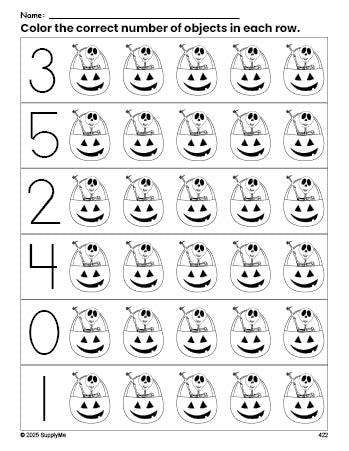 Free printable skeleton Halloween count and color worksheet for preschoolers, Halloween coloring page and counting worksheet numbers 0-5, PDF