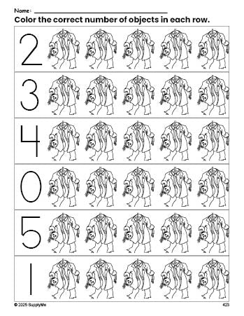 Free printable skeleton Halloween count and color worksheet for preschoolers, Halloween coloring page and counting worksheet numbers 0-5, PDF