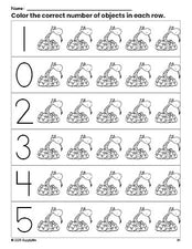 Free printable snake count and color worksheet for preschoolers, snake coloring page and counting worksheet numbers 0-5, PDF