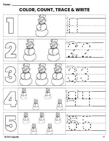 Free printable snowman winter coloring page and number tracing worksheet, numbers 1-5 counting worksheet for preschool and pre-k