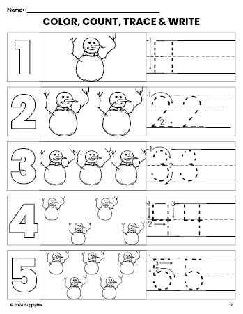 Free printable snowman winter coloring page and number tracing worksheet, numbers 1-5 counting worksheet for preschool and pre-k