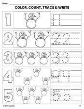 Free printable snowman winter coloring page and number tracing worksheet, numbers 1-5 counting worksheet for preschool and pre-k