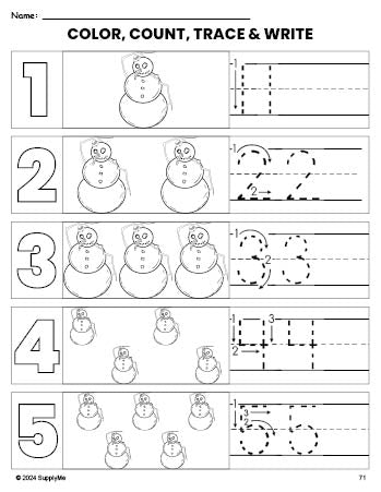 Free printable snowman winter coloring page and number tracing worksheet, numbers 1-5 counting worksheet for preschool and pre-k