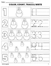 Free printable snowman winter coloring page and number tracing worksheet, numbers 1-5 counting worksheet for preschool and pre-k