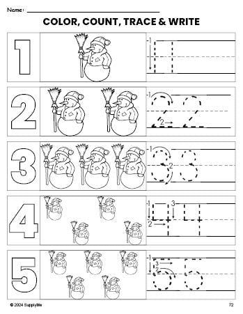 Free printable snowman winter coloring page and number tracing worksheet, numbers 1-5 counting worksheet for preschool and pre-k