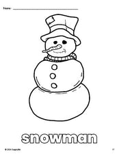 Free printable snowman winter coloring page for preschool, pre-k, and kindergarten