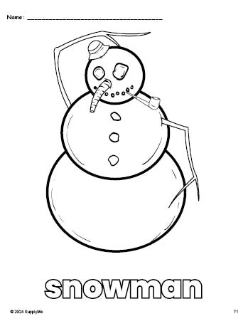 Free printable snowman winter coloring page for preschool, pre-k, and kindergarten