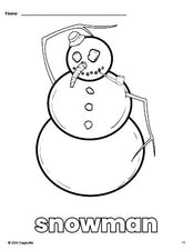 Free printable snowman winter coloring page for preschool, pre-k, and kindergarten