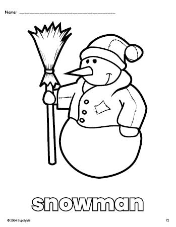 Free printable snowman winter coloring page for preschool, pre-k, and kindergarten