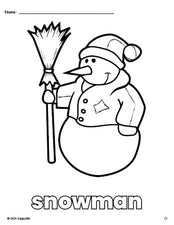 Free printable snowman winter coloring page for preschool, pre-k, and kindergarten