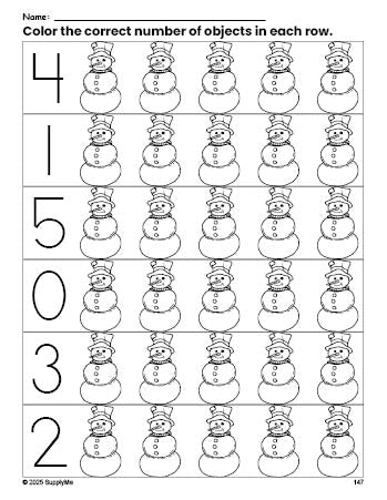 Free printable snowman winter count and color worksheet for preschoolers, winter coloring page and counting worksheet numbers 0-5, PDF