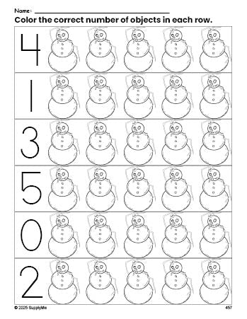 Free printable snowman winter count and color worksheet for preschoolers, winter coloring page and counting worksheet numbers 0-5, PDF