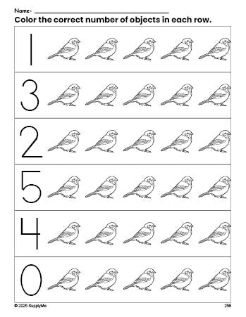 Free printable sparrow count and color worksheet for preschoolers, sparrow coloring page and counting worksheet numbers 0-5, PDF