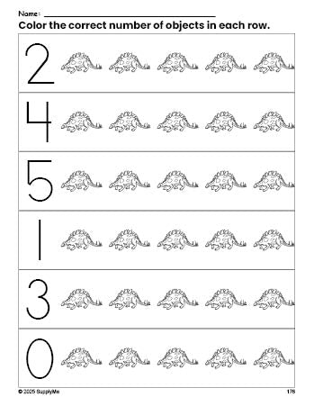 Free printable stegosaurus count and color worksheet for preschoolers, stegosaurus coloring page and counting worksheet numbers 0-5, PDF